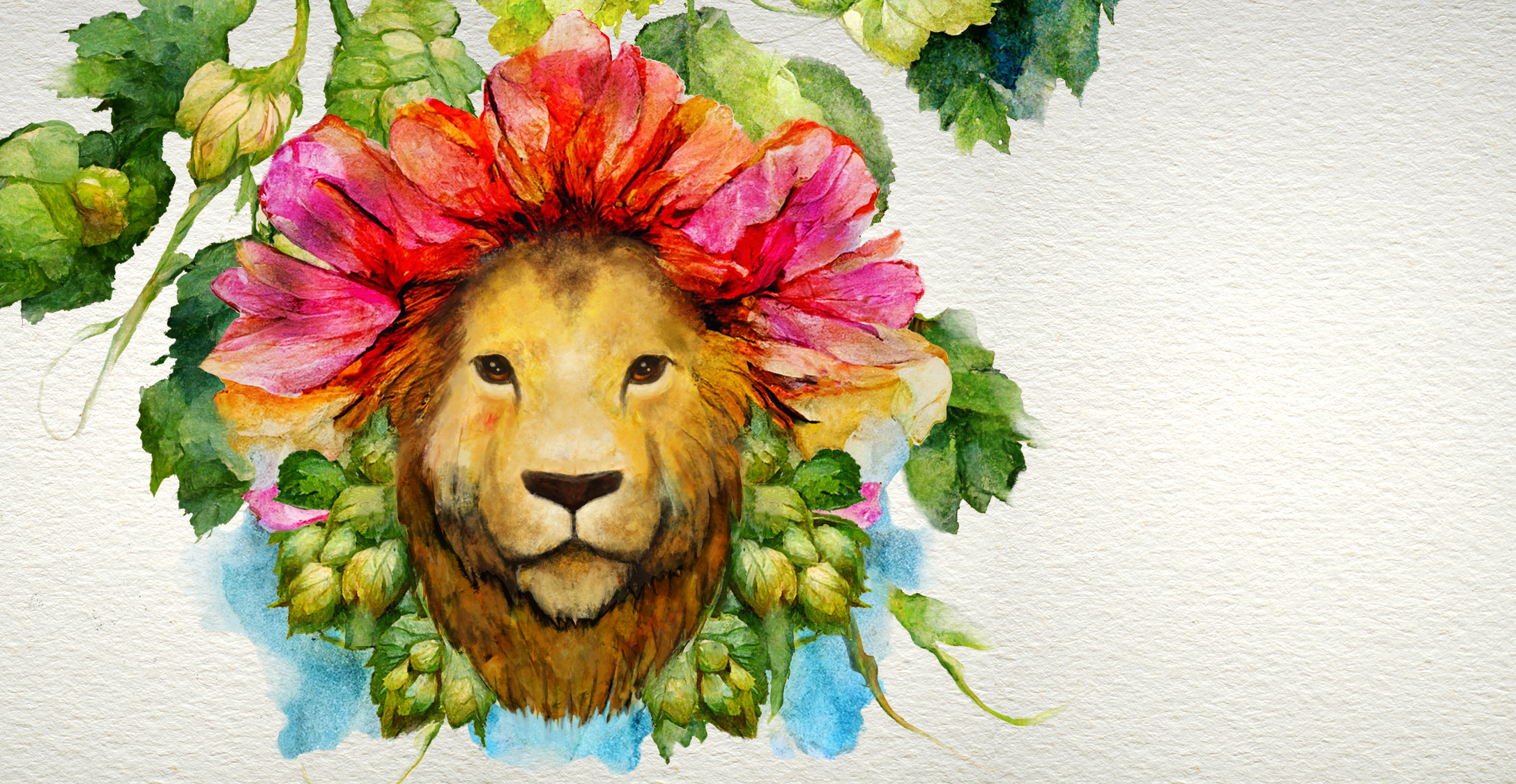 Water color styled of a lion head wearing a flower hat in front of hop vines.